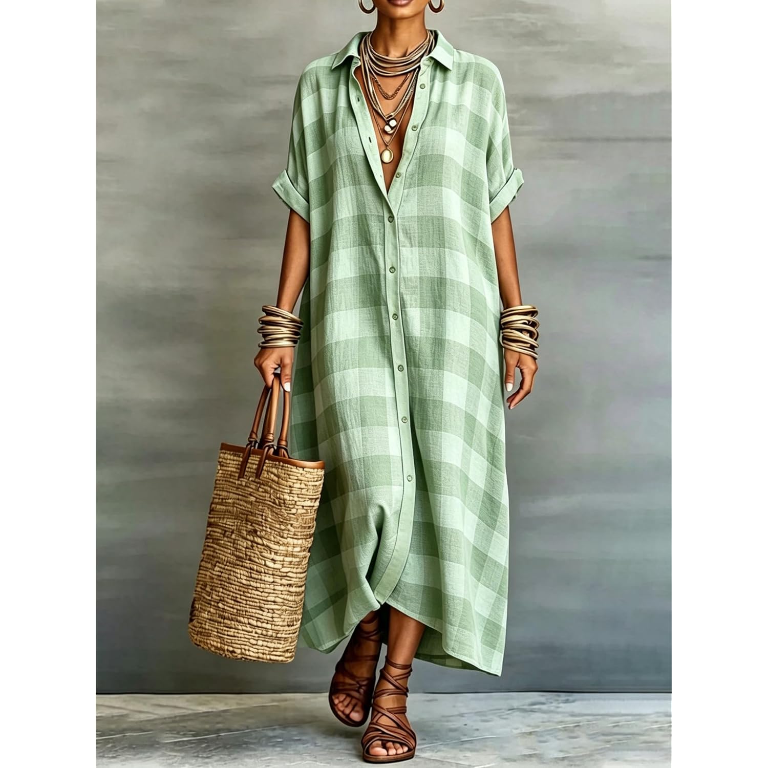 Women'S Cotton Linen Maxi Shirt Dress Short Sleeve Button Down Casual Loose Summer Gingham Beach Cover Up