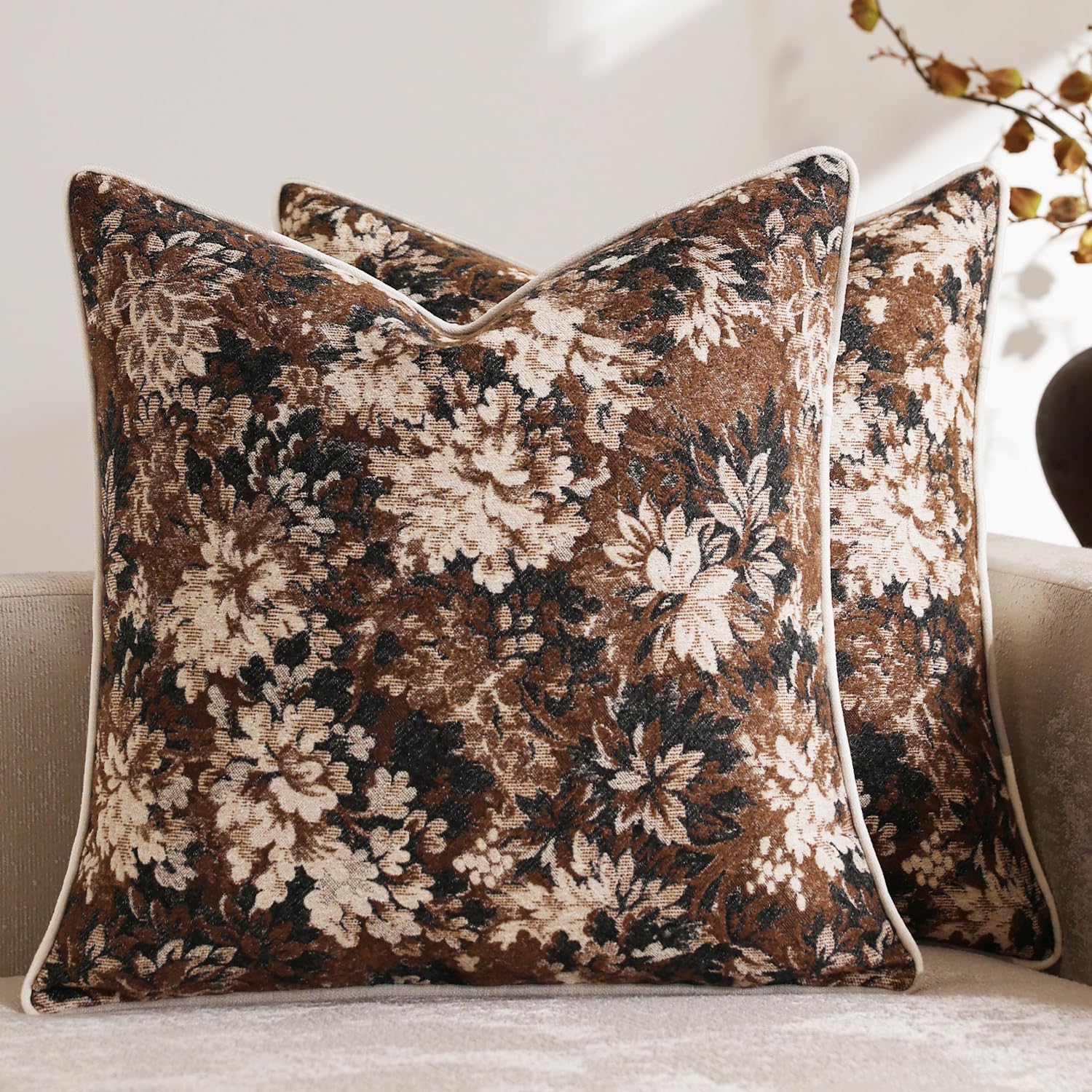 Pack Of 2 Vintage Floral Throw Pillow Covers 18X18 Boho Farmhouse Accents Chenille Square Decorative Pillow Cases For Living Room Couch Bed Home Decor, Dark Brown