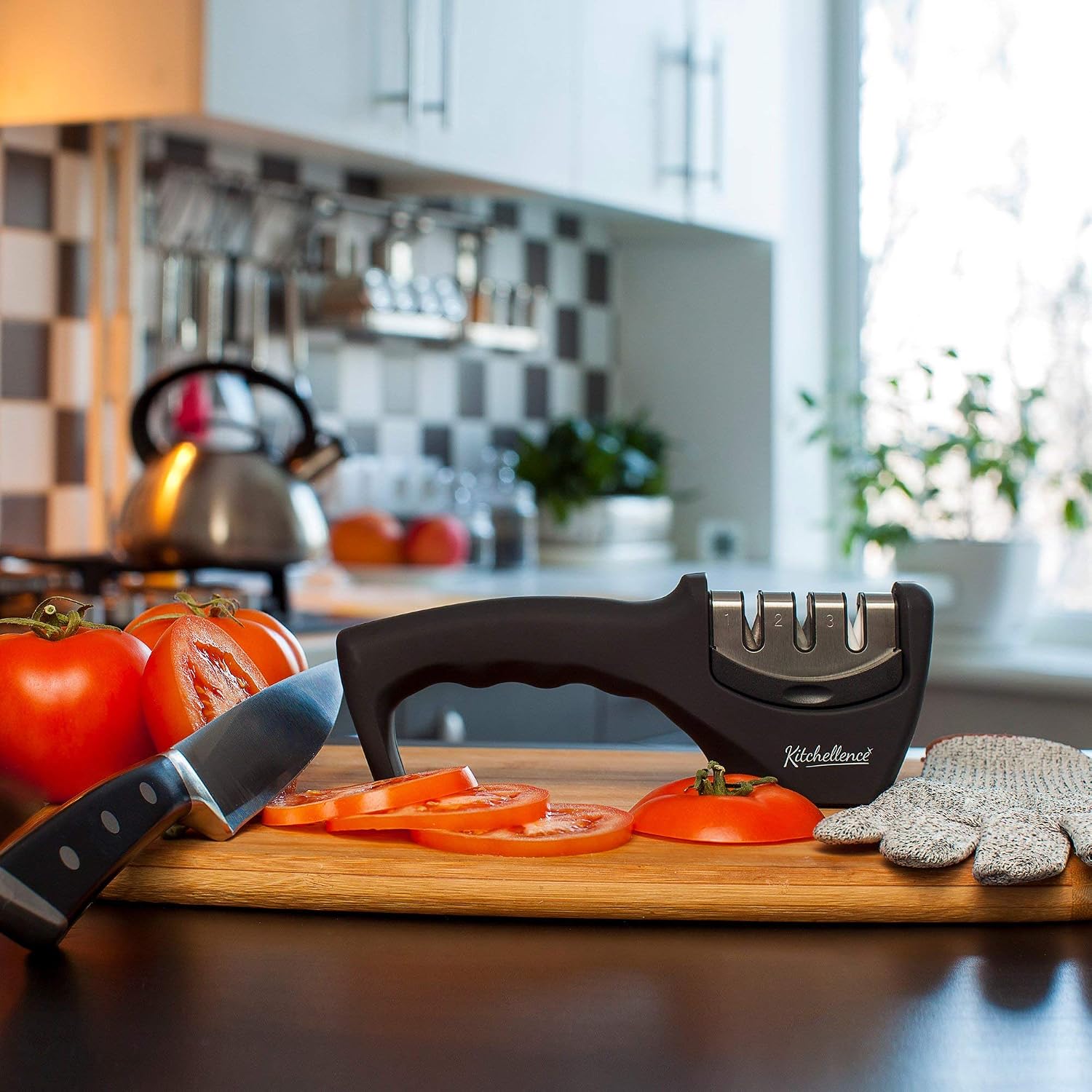 4-In-1 Kitchen Knife Accessories: 3-Stage Knife Sharpener Helps Repair, Restore, Polish Blades And Cut-Resistant Glove (Black)