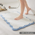 Luxury Microfiber Bathroom Rugs, White Bath Rug With Blue Scalloped Piping Cute Aesthetic Preppy Bath Mat For Bathroom, Tub, Floor Carpet, Sink, Shower, Anti Slip, Absorbent, 32X20