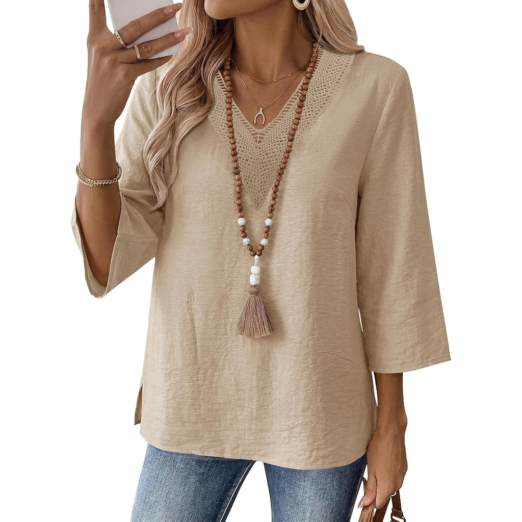 Lomon Women'S 3/4 Length Sleeve Boho Tops V Neck Lace Summer Outfits Dressy Casual Flowy Shirts Vacation Clothes Blouses