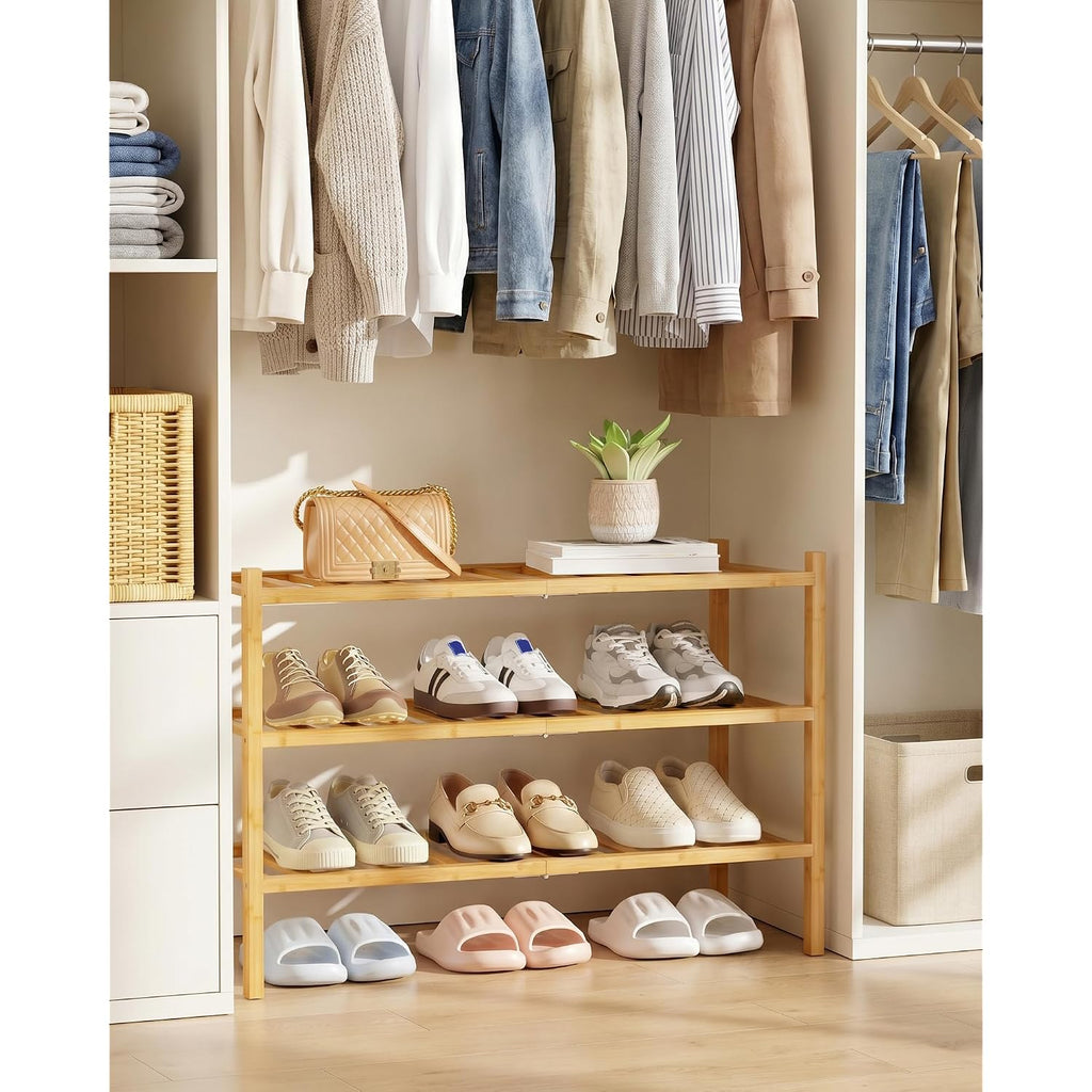 Kitsure Bamboo Wooden Shoe Rack For Closet - Stackable Shoe Organizer With Modular Structure, Space-Saving Shoe Shelf For Entryway, Living Room, Bedroom, 26.8" X 11" X 18.9", Natural