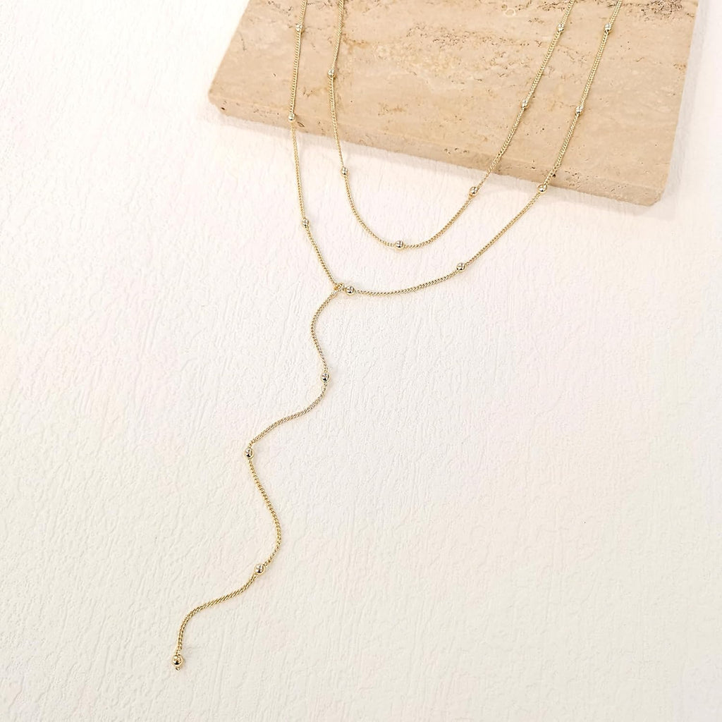 HERIER Lariat Gold Necklace for Women, Dainty Long Necklace 14k Gold Plated/Silver Y-Shaped Layered Beaded Chain Drop Necklaces for Women Trendy Simple Gold Jewelry for Women Gifts