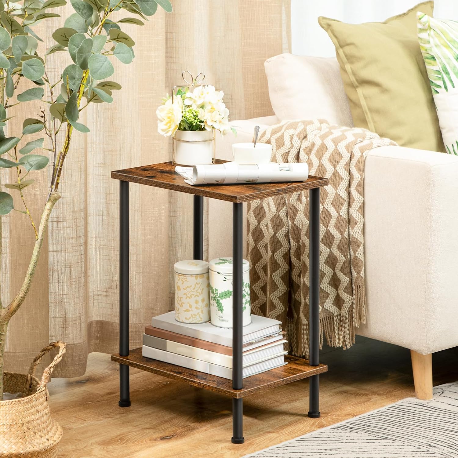 Hoobro End Table, Small Side Table, Nightstand With 2-Layer Storage Shelves, Sofa Table For Small Spaces, Living Room, Bedroom, Stable Frame, Easy Assembly, Rustic Brown Bf09Bz01