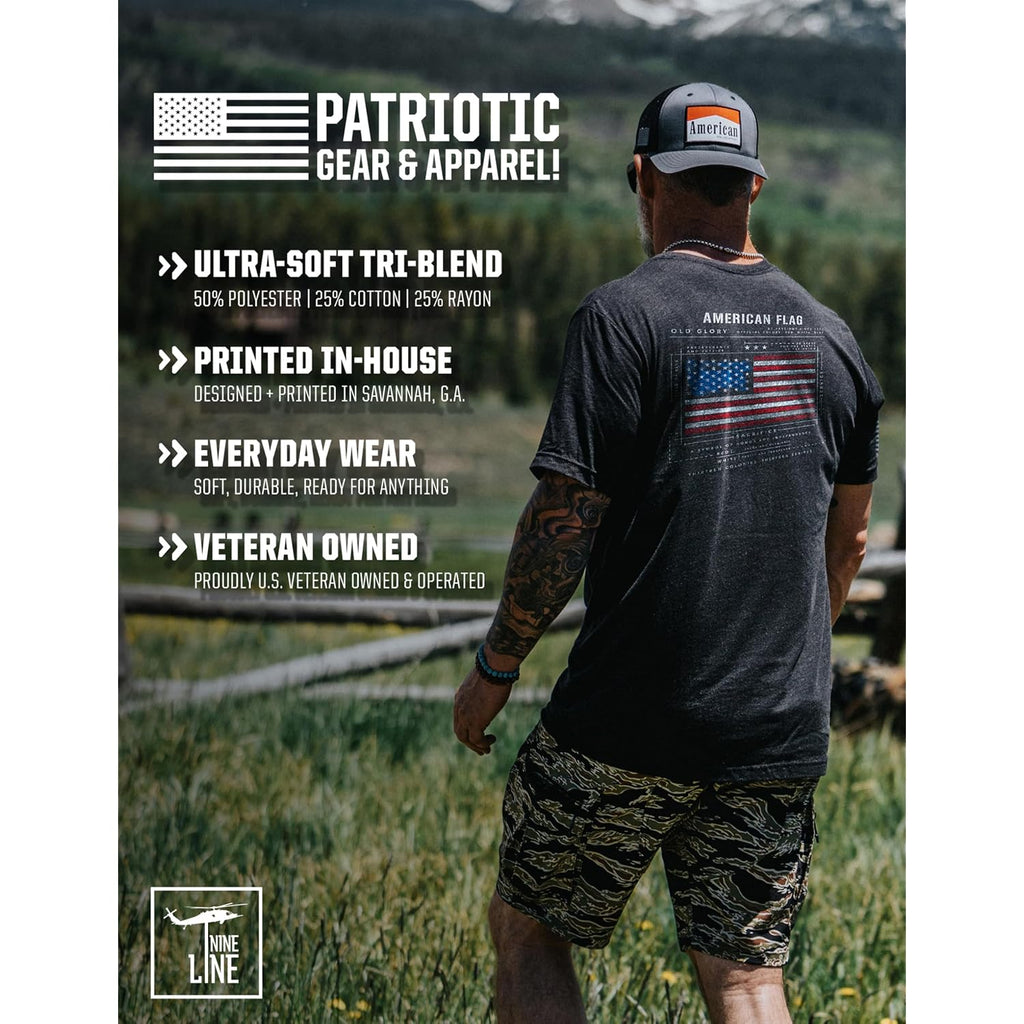 Nine Line Old Glory Flag Schematic T-Shirt For Men, Patriotic American Flag Freedom Shirt, Usa Made Veteran Owned Apparel