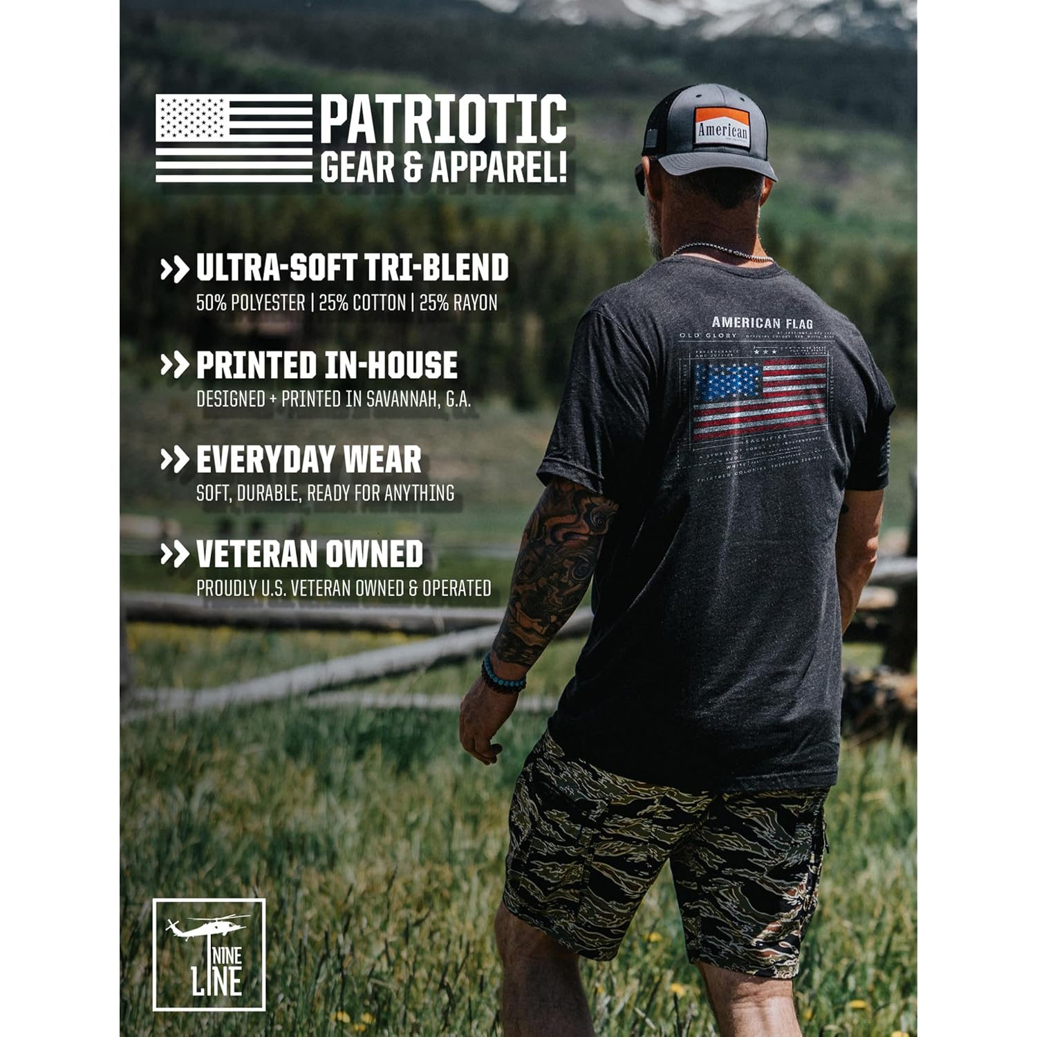 Nine Line Old Glory Flag Schematic T-Shirt For Men, Patriotic American Flag Freedom Shirt, Usa Made Veteran Owned Apparel