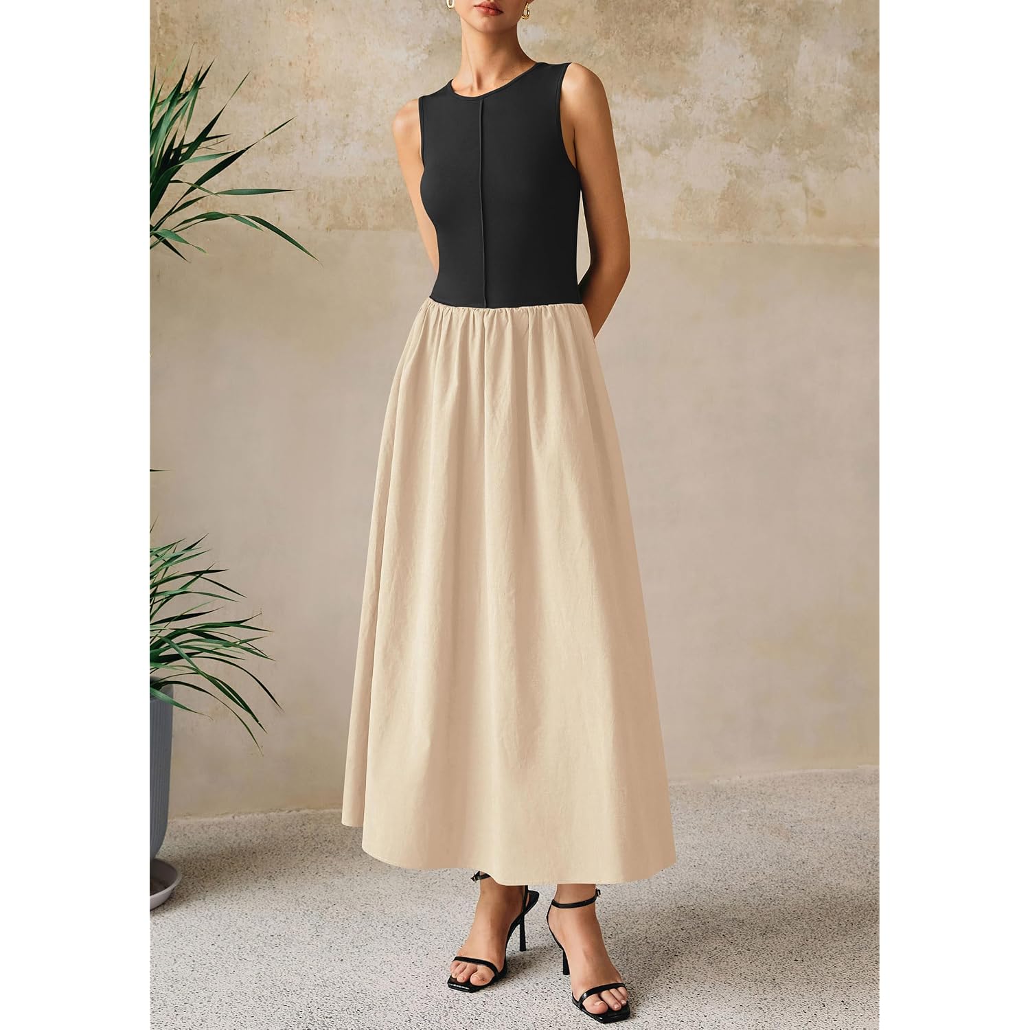 Prettygarden Maxi Dresses For Women 2026 Summer Casual Sleeveless Patchwork Flowy Vacation Sundress Knit Long Work Tank Dress