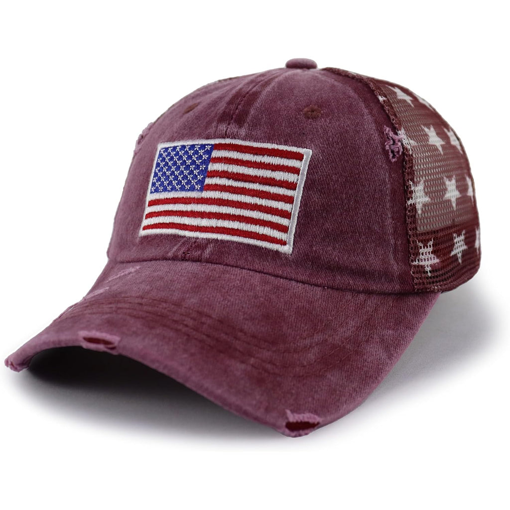 USA American Flag Trucker Hat for Women, Funny Adjustable Washed Embroidered Distressed Mesh Baseball Cap American Flag Embroidered Red