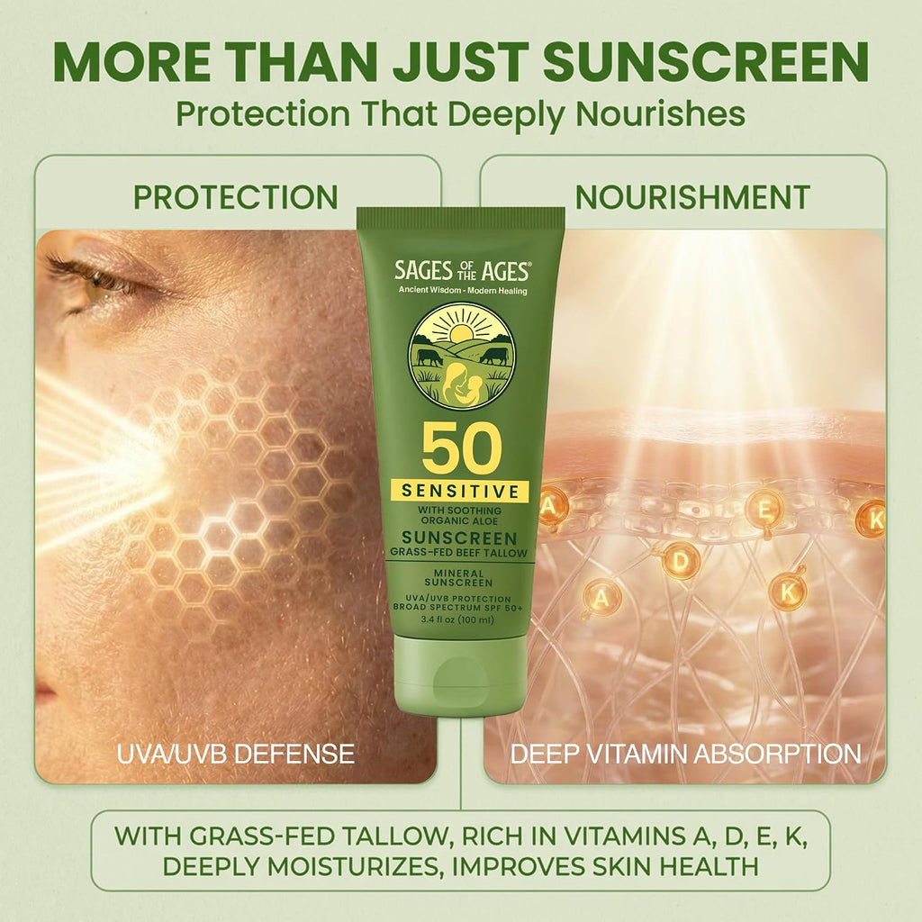 Grass-Fed Tallow Mineral Sunscreen Spf 50 — No White Cast, Non-Nano Zinc Oxide, Reef Safe Uva/Uvb, Water Resistant 80 Min, Moisturizing & Soothing With Aloe Vera, Face & Body