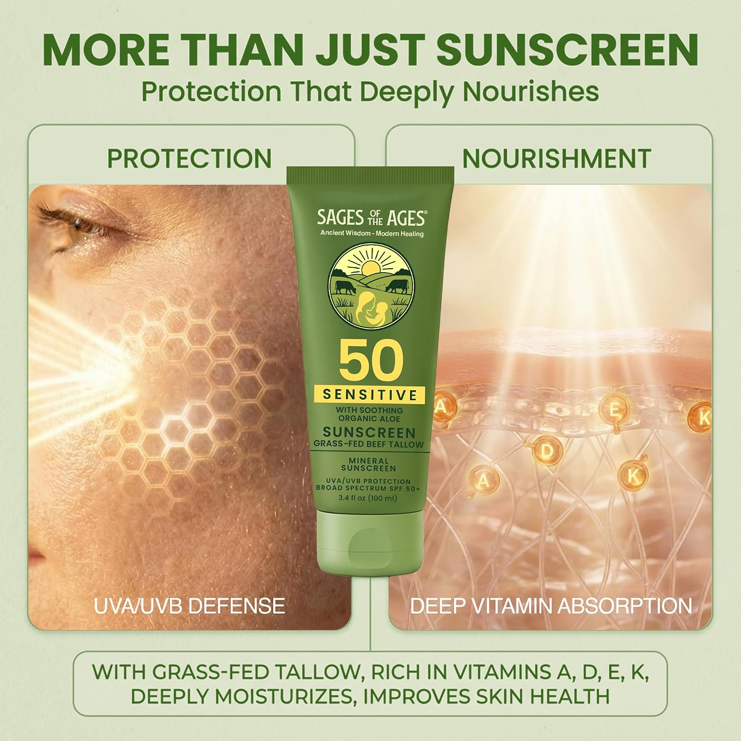 Grass-Fed Tallow Mineral Sunscreen Spf 50 — No White Cast, Non-Nano Zinc Oxide, Reef Safe Uva/Uvb, Water Resistant 80 Min, Moisturizing & Soothing With Aloe Vera, Face & Body