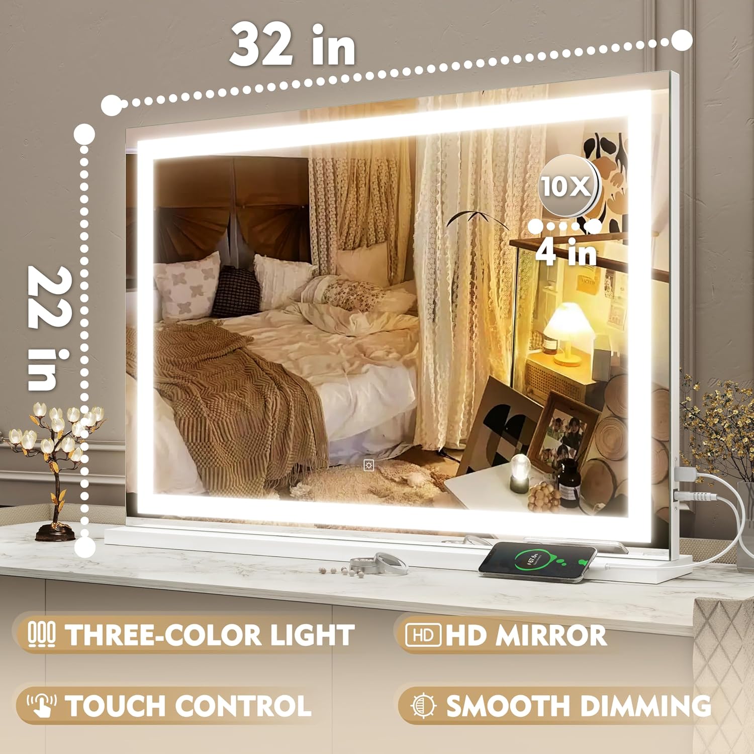 Rolove Vanity Mirror With Lights, 32" X 22" Large Lighted Vanity Mirror With Dimmable 3 Modes, Led Makeup Mirror, Usb Charging Port, Tabletop Or Wall-Mounted Square White