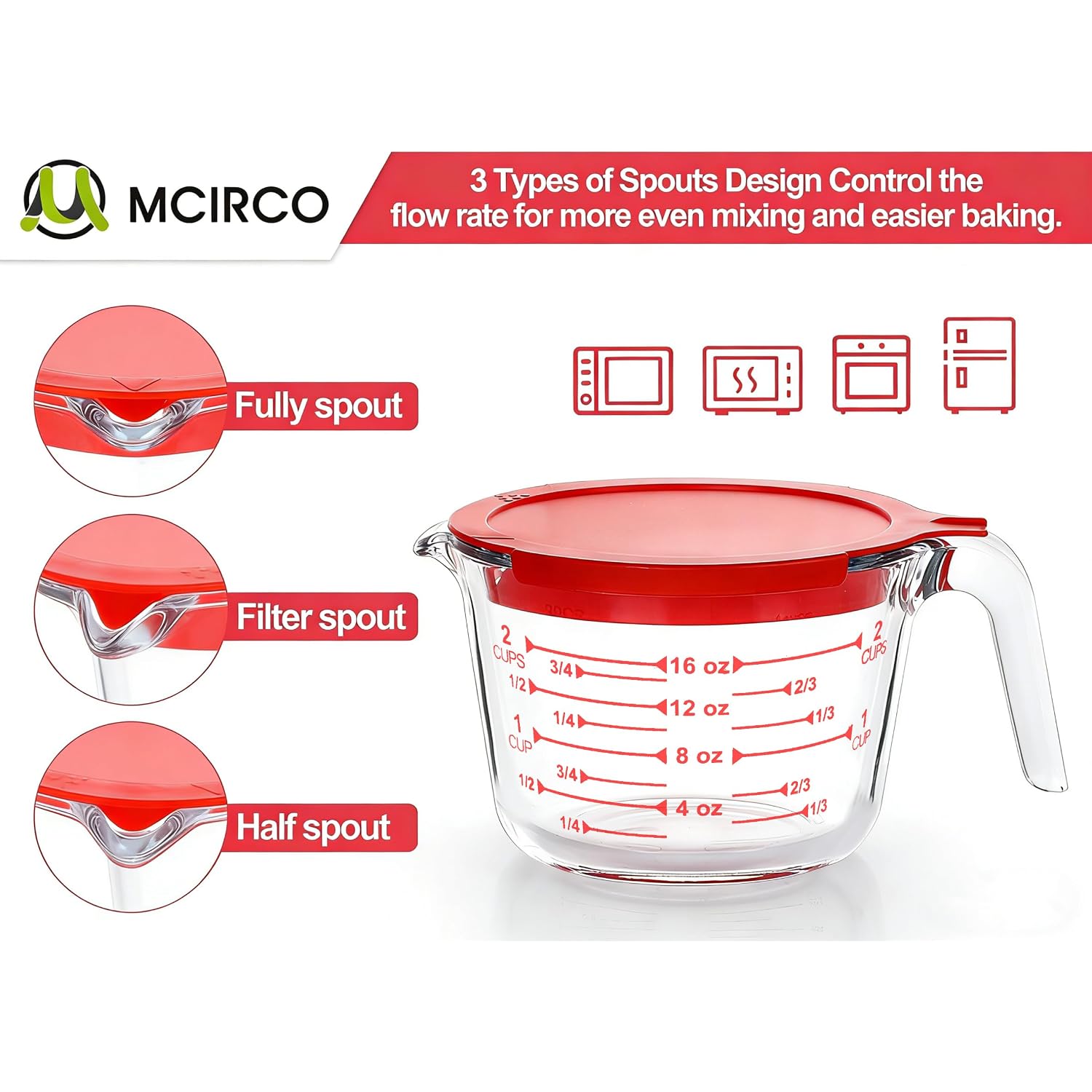 M Mcirco 6 Pcs Glass Measuring Cups With Lids Set, 1-Cup, 2-Cup, 4-Cup Measuring Jugs With Handle, Nesting Liquid Measuring Cups For Kitchen