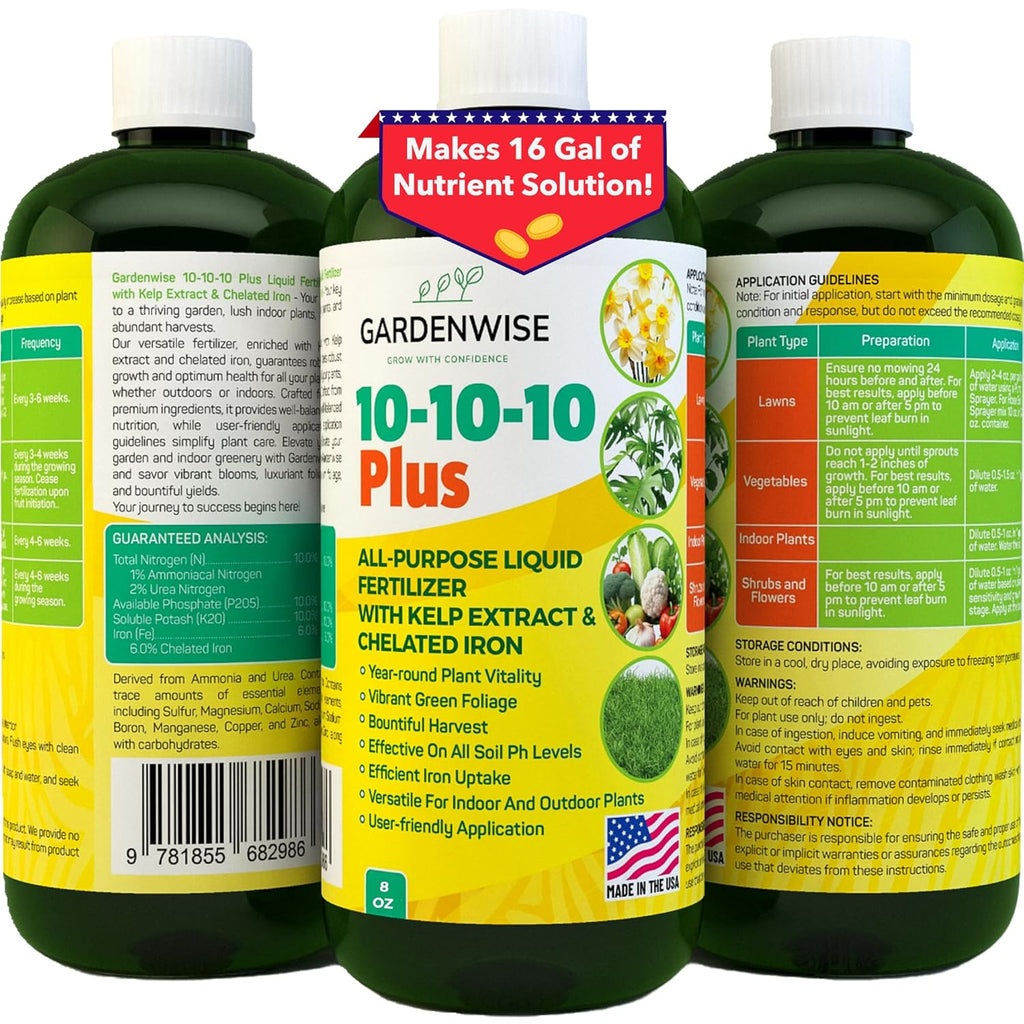 Gardenwise 10-10-10 All Purpose Plant Food - Liquid Fertilizer With Seaweed Kelp & Iron - Indoor & Outdoor Plant Food, Vegetables, Flowers, Lawn & Garden 1X8Oz