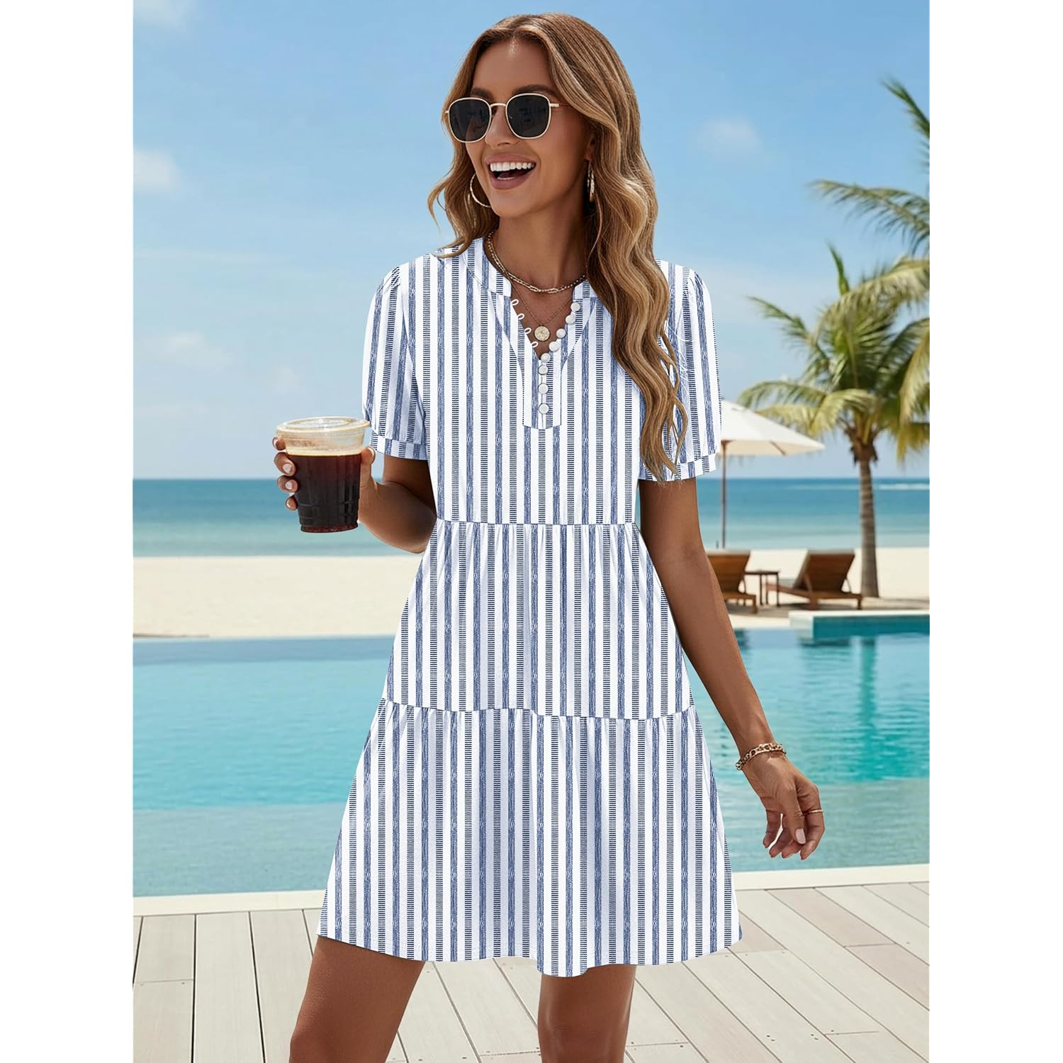 Etcyy Sundresses For Women 2026 Vacation Swimwear Coverups Boho Floral Beach Dress Striped Short Sleeve Tshirt Summer Dresses