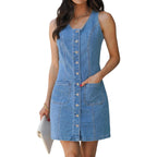 Luvamia Denim Dresses For Women Sleeveless Stretchy Jean Summer Casual Western Short Button Down Dress With Patch Pocket