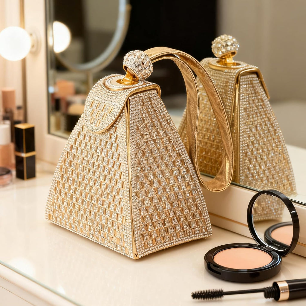 Womens Rhinestone Clutch Evening Bags - Gold Sparkly Glitter Silver Handbags Pyramid Shape Luxury Purse