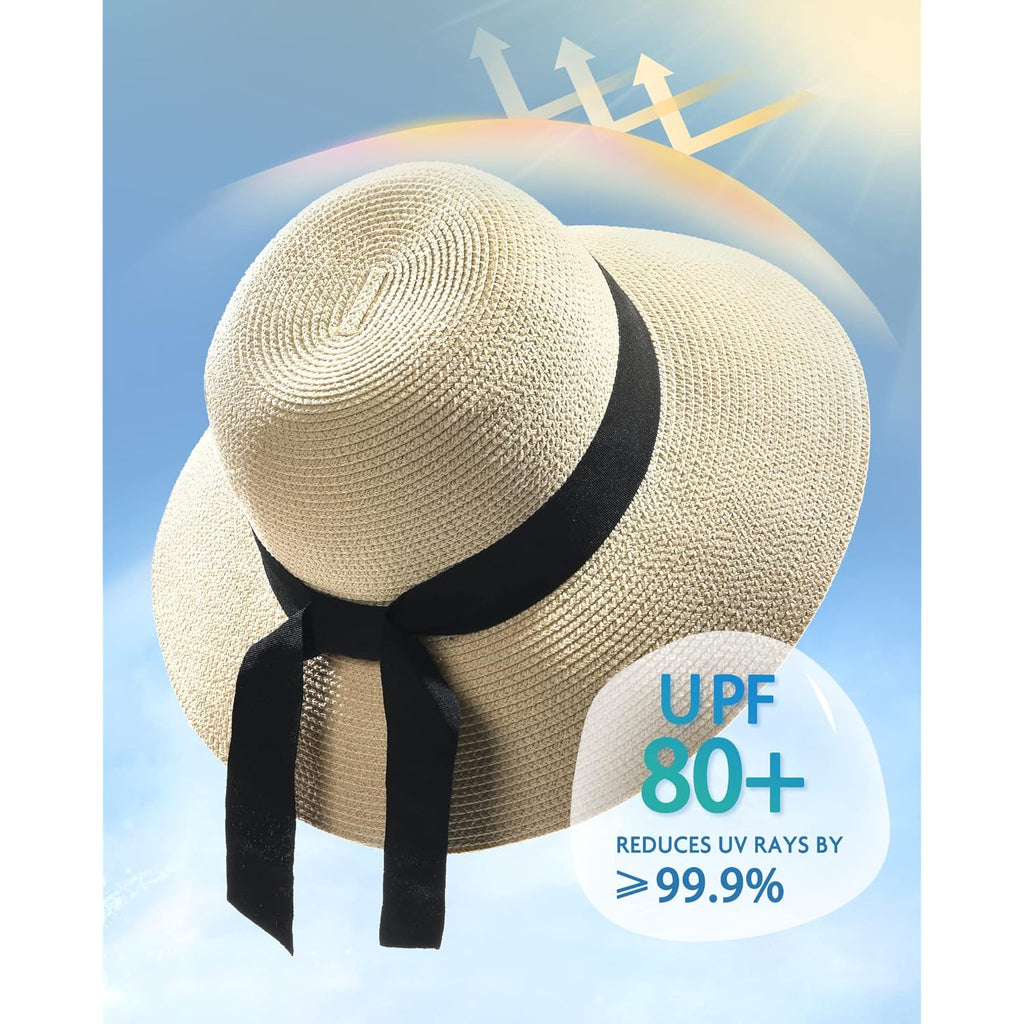 FURTALK Womens Beach Sun Straw Hat UV UPF 80+ Travel Foldable Brim Summer UV Hat