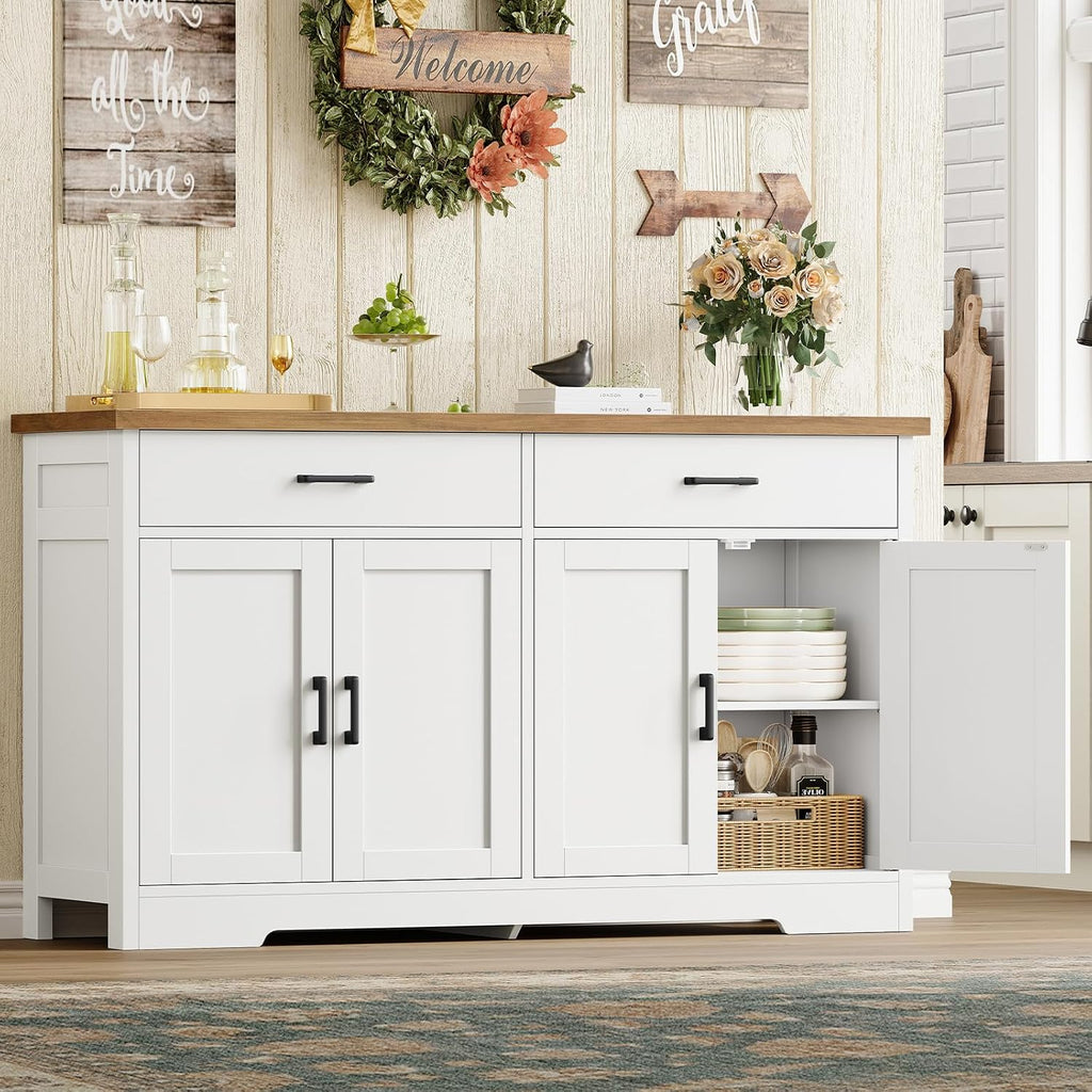 Buffet Cabinet With Storage And 2 Drawers, 47.2“ Large Sideboard Buffet Cabinet With Adjustable Shelves And Doors, Modern Coffee Bar Cabinet, White