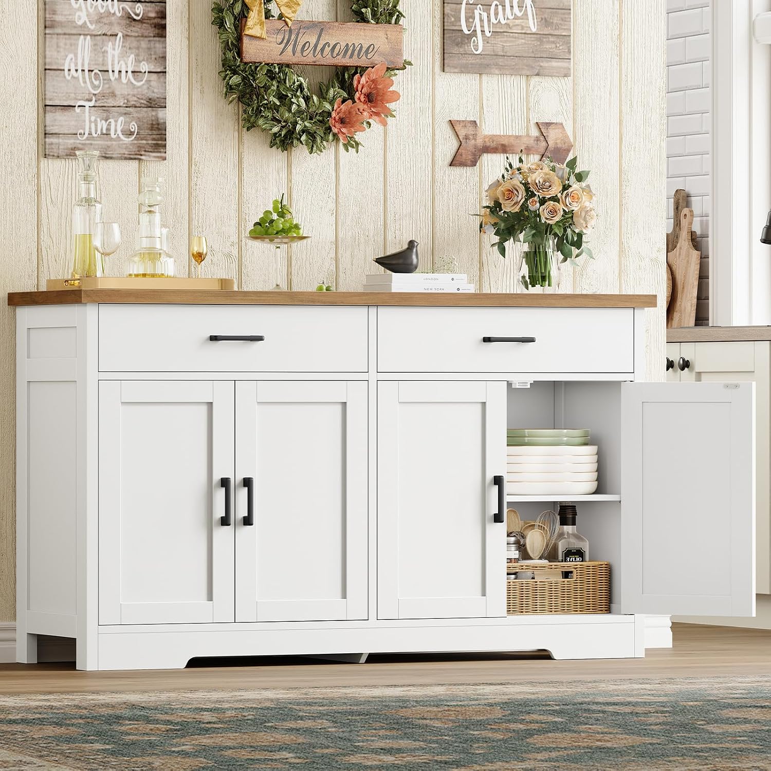 Buffet Cabinet With Storage And 2 Drawers, 47.2“ Large Sideboard Buffet Cabinet With Adjustable Shelves And Doors, Modern Coffee Bar Cabinet, White