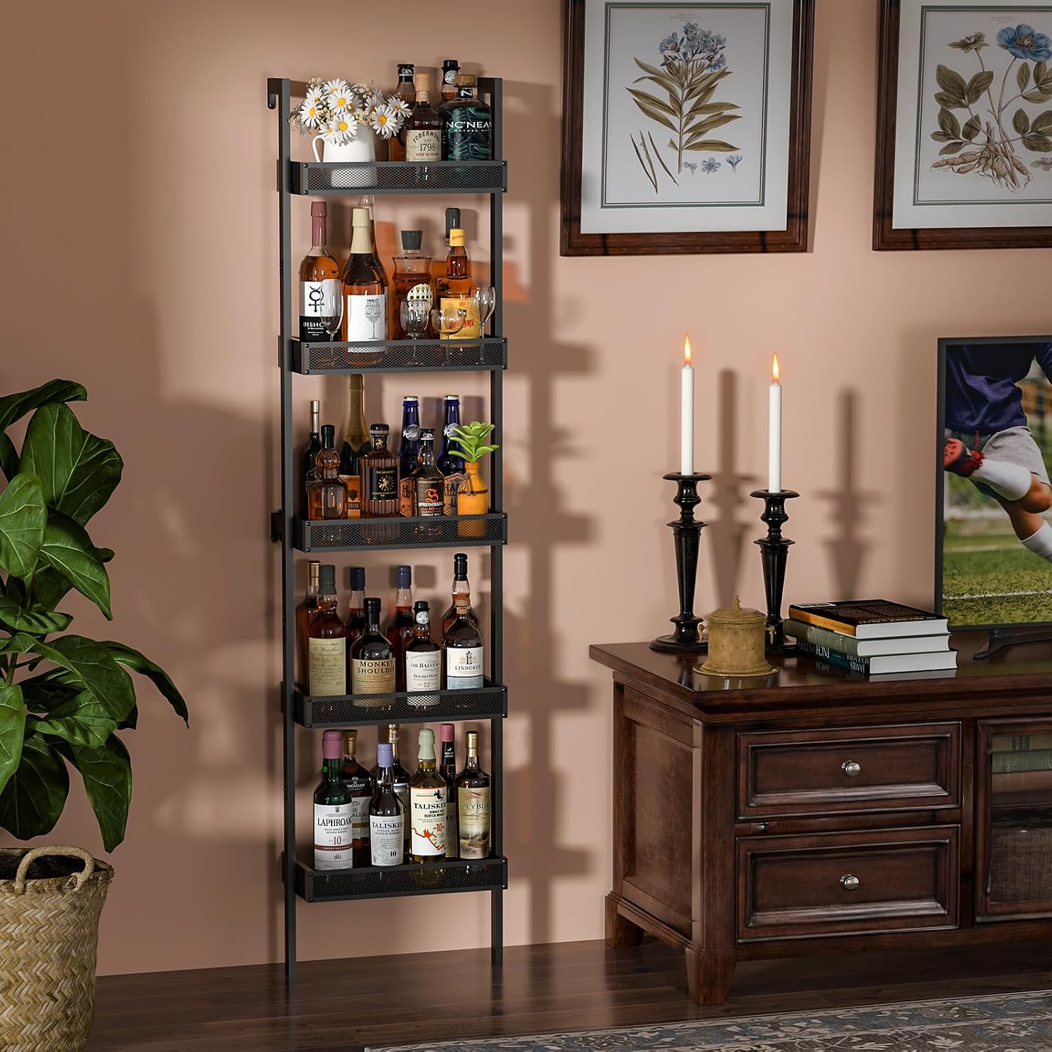 5-Tier Freestanding Wine Racks: 50 Bottles Wine Rack Shelf Wall Mounted With Fences, Wines Bottle Holder Display Shelf, Liquor Storage For Kitchen, Dining Room, Bar, Wood, 17.28''L X 7.95''W X 68.5''H