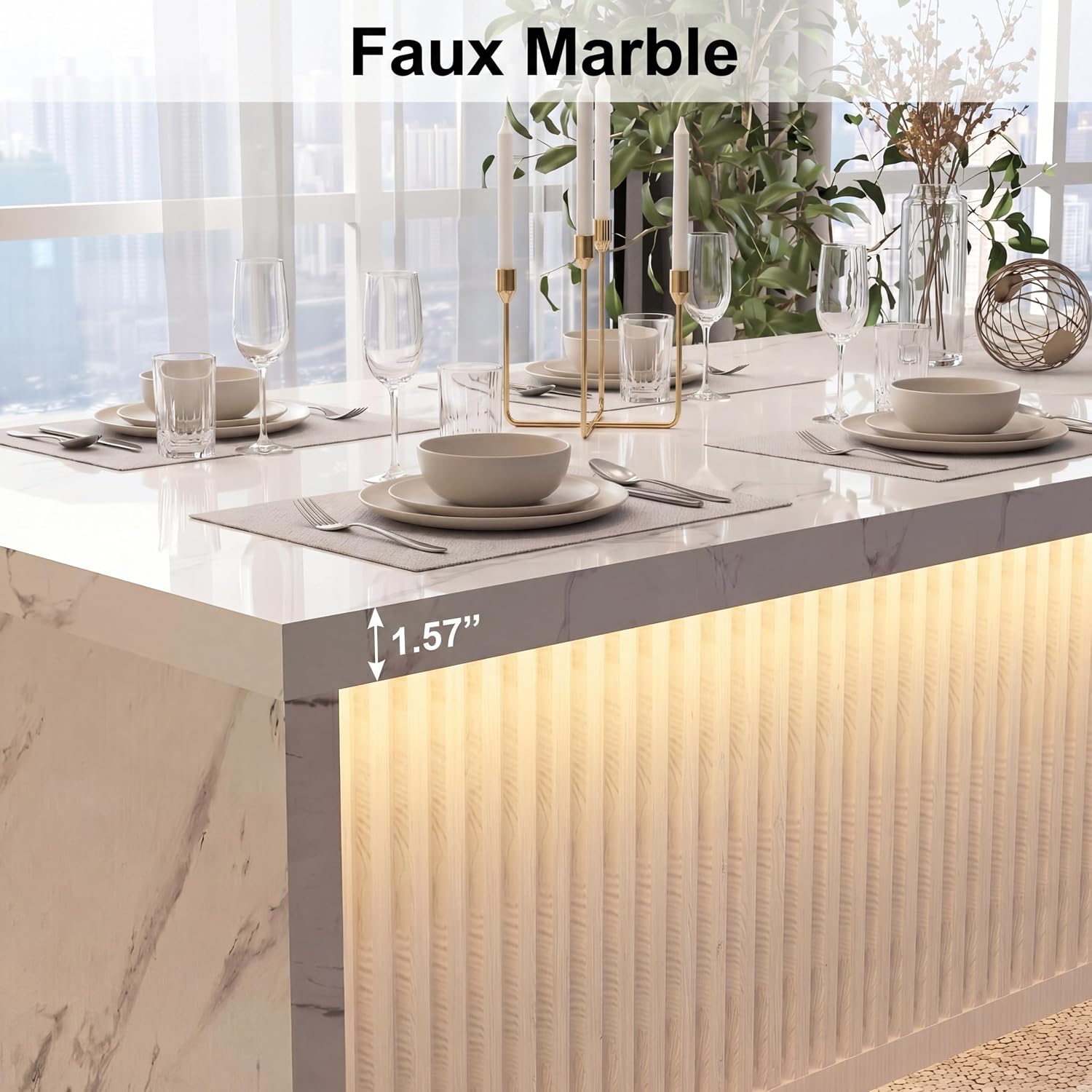 71’’ Large Faux Marble Dining Table For 6 People, 37.4’’H Tall Modern Kitchen Island With Led Lights, Rectangle Kitchen Dining Table For Home