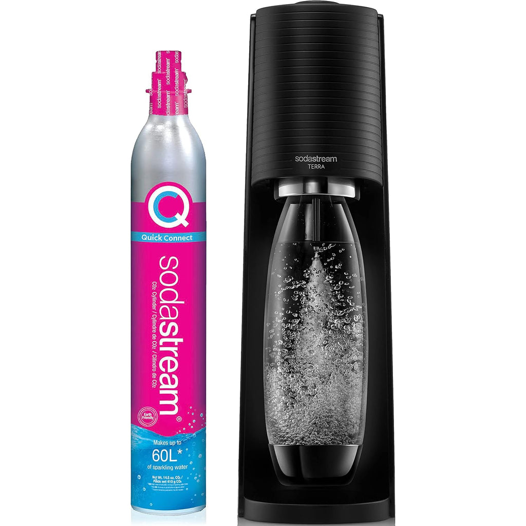 Sodastream Terra Sparkling Water Maker, Value Bundle, Cqc Co2 System, Includes 2 Quick Connect 60L Co2 Cylinders, 3 Dishwasher Safe Bpa Free Bottles, 2 Bubly Flavor Drops, Make Your Own Pepsi, Black