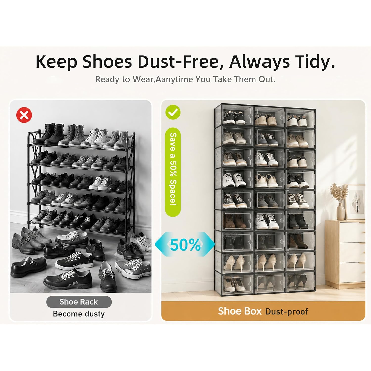 Kuject X-Large Shoe Storage Boxes Organizers Clear Plastic Stackable 12 Pack, Shoe Rack & Holder Substitute, Sneaker Containers, Toy Storage Organizer Bins For Entryway, Closet, Under Bed, Black