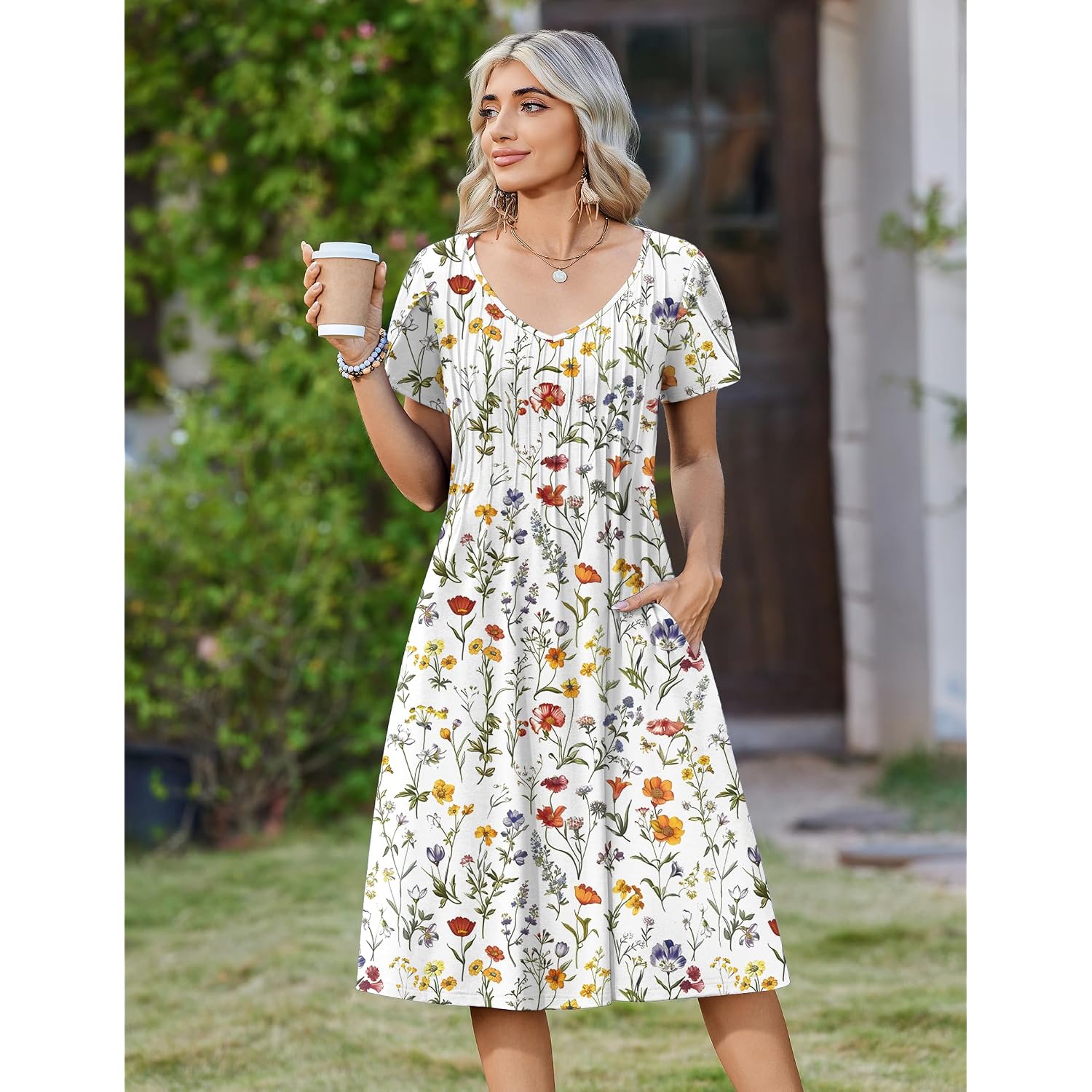 Zeagoo Womens Casual Summer Dress 2026 Short Sleeve Dresses Pleats Midi A Line Flowy Dress Boho Beach Sundress With Pockets