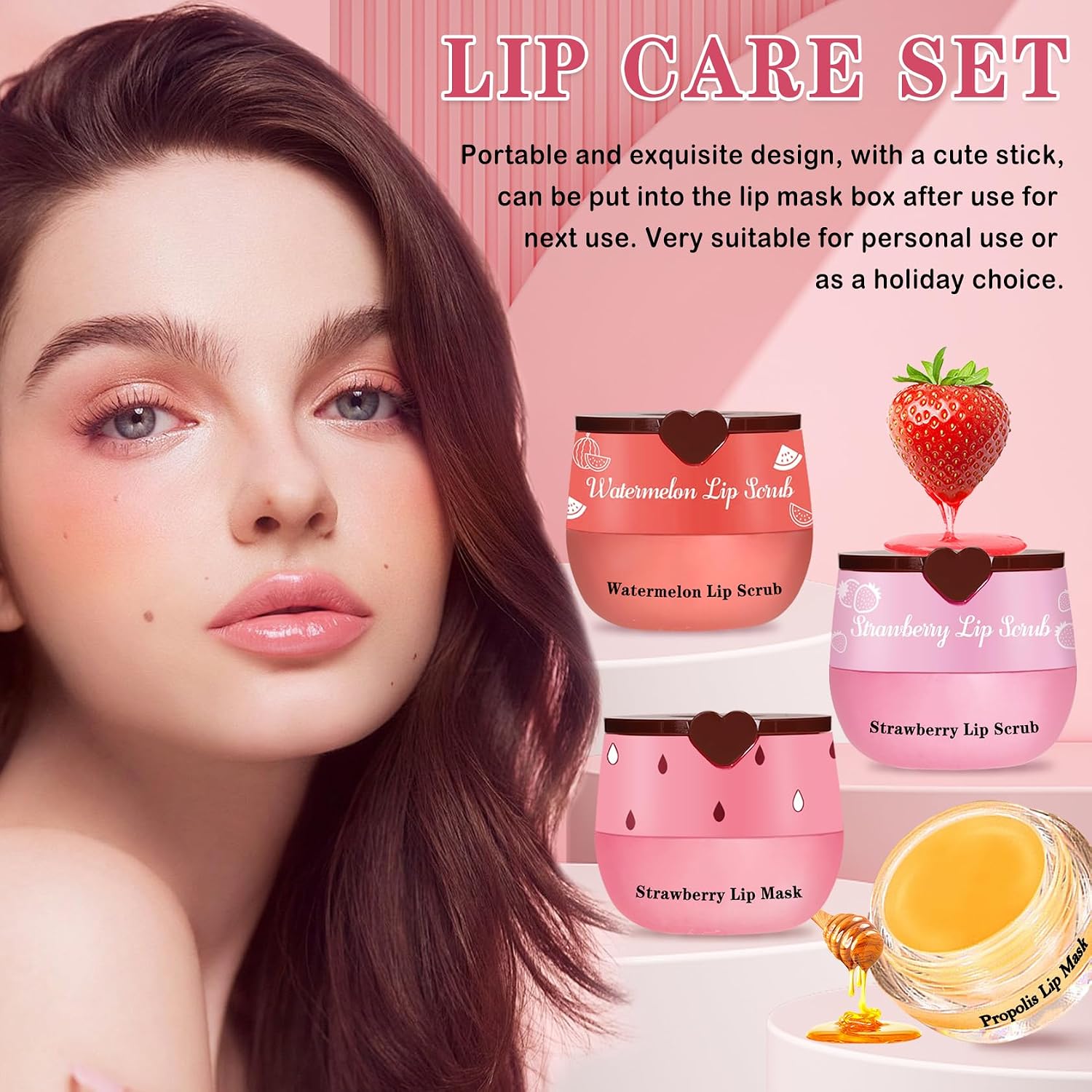 4Pcs Lip Scrub And Mask Set,Strawberry And Honey Pot Lip Balm,Reduces Lip Lines Lip Exfoliator Scrub And Moisturizer,Repair Bee Lip Balm And Lip Scrub Set,Lip Mask Overnight