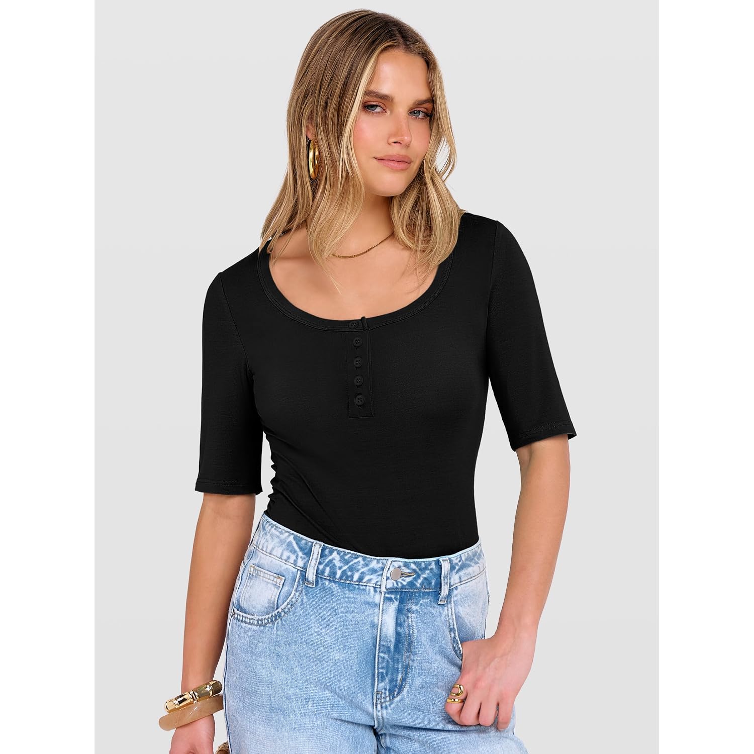 Anrabess Womens Half Sleeve Tops Summer Slim Fitted Henley Shirts 2026 Spring Basic Tees Dressy Casual Blouses Cute T Shirt