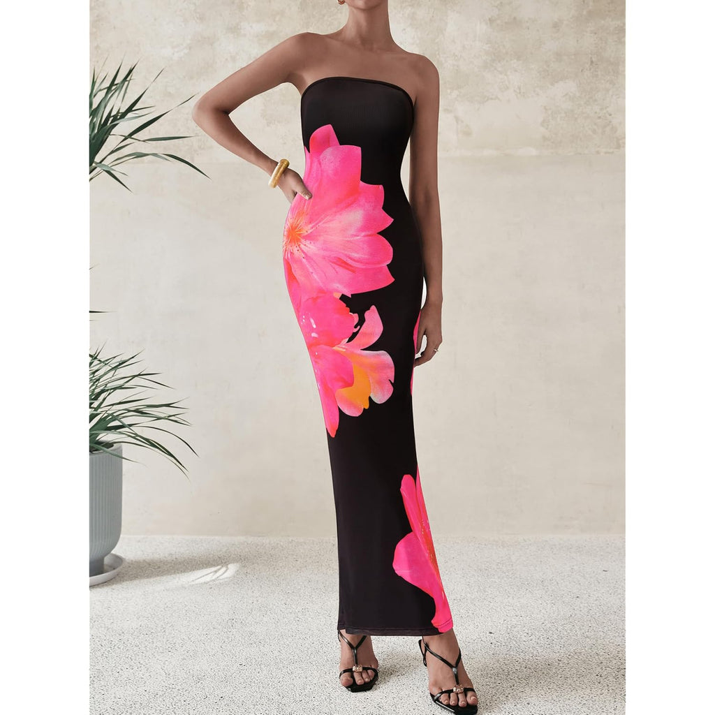 Prettygarden Women Summer Strapless Maxi Dress Bodycon Floral Sexy Long Wedding Guest Dress Formal Tube Mesh Cocktail Dresses