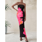 Prettygarden Women Summer Strapless Maxi Dress Bodycon Floral Sexy Long Wedding Guest Dress Formal Tube Mesh Cocktail Dresses