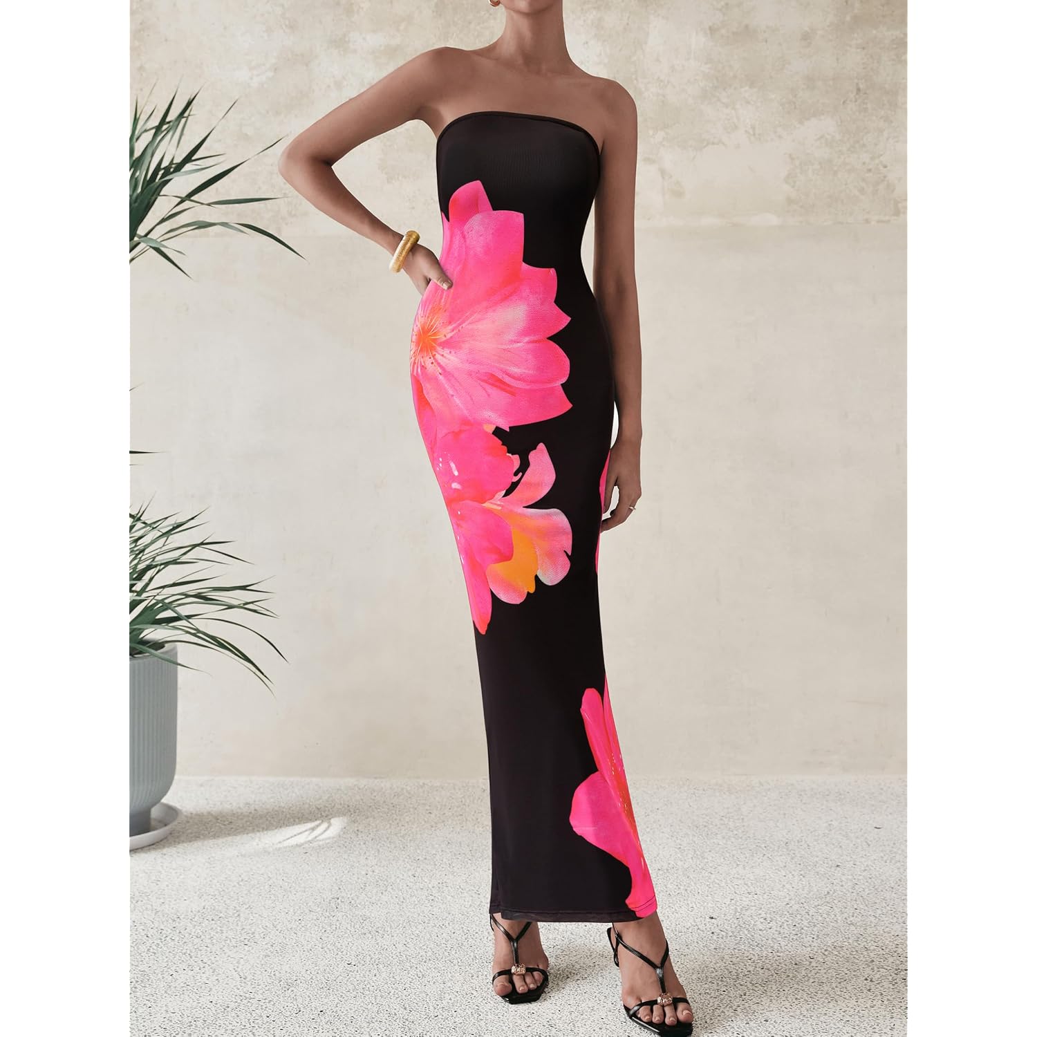 Prettygarden Women Summer Strapless Maxi Dress Bodycon Floral Sexy Long Wedding Guest Dress Formal Tube Mesh Cocktail Dresses