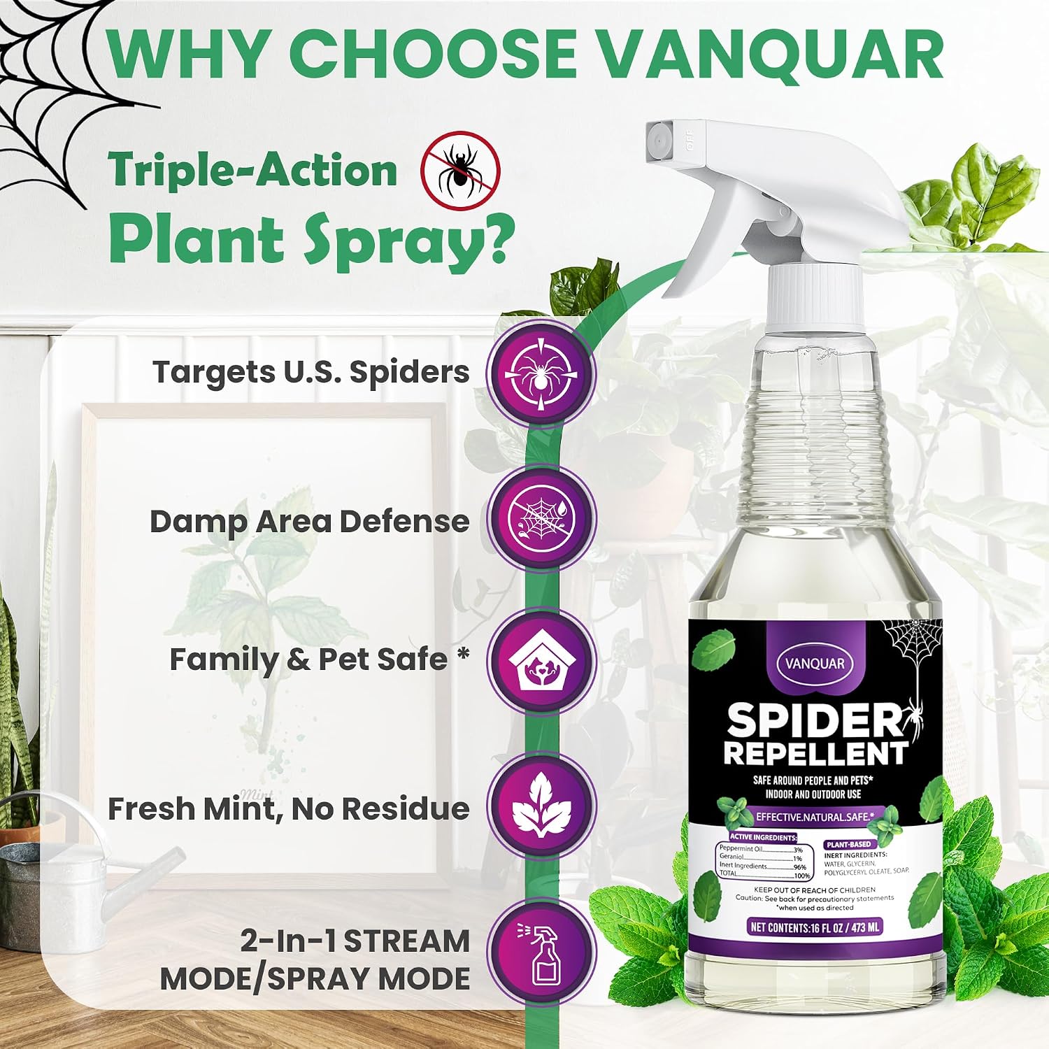 Peppermint Oil Insect & Spider Repellent Spray - All-Natural, Pet-Safe Bug Control For Home, Kitchen & Garden - 16 Oz