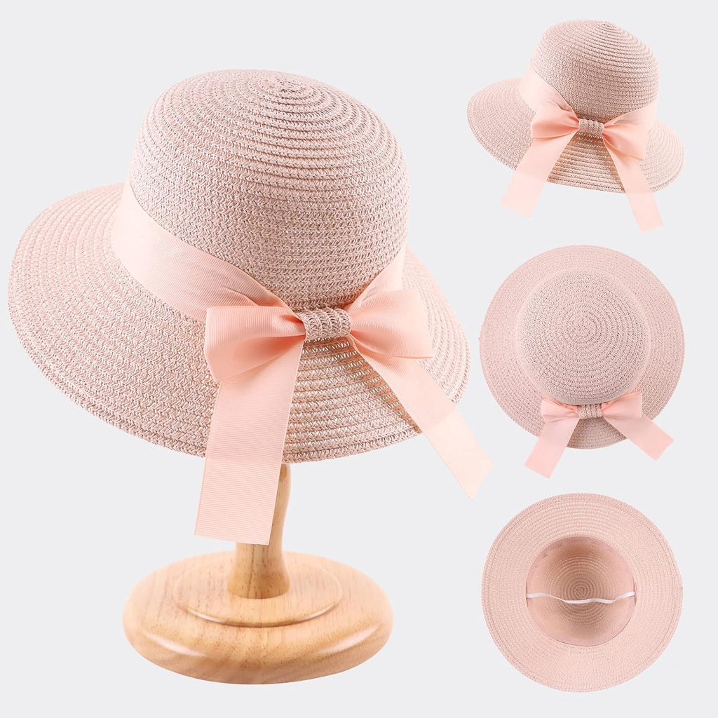 Women,Little Girls Straw Sun Hat Summer Beach Cap Foldable Visor Floppy Hats Wide Brim with Bowknot Pink Bow
