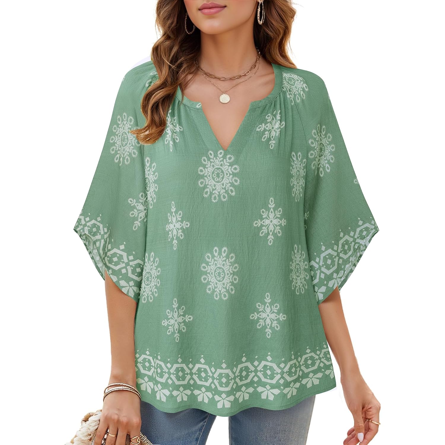 Womens 3/4 Sleeve V Neck Bohemian Peasant Blouses Casual Loose Fit Tunic Tops