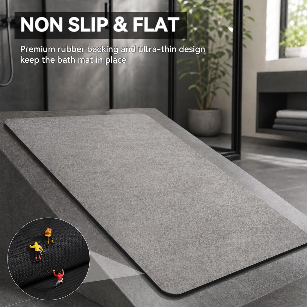 Montvoo -Bath Mat-Rubber Backing Non Slipthin Bathroom Rugs Fit Under Door- Quick Dry Absorbent Faux Suede Surface Grey Bathroom Floor Mats-Shower Rug For In Front Of Bathtub Shower Gray 16X24