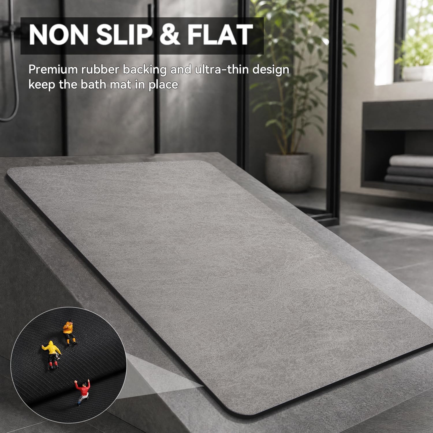 Montvoo -Bath Mat-Rubber Backing Non Slipthin Bathroom Rugs Fit Under Door- Quick Dry Absorbent Faux Suede Surface Grey Bathroom Floor Mats-Shower Rug For In Front Of Bathtub Shower Gray 16X24