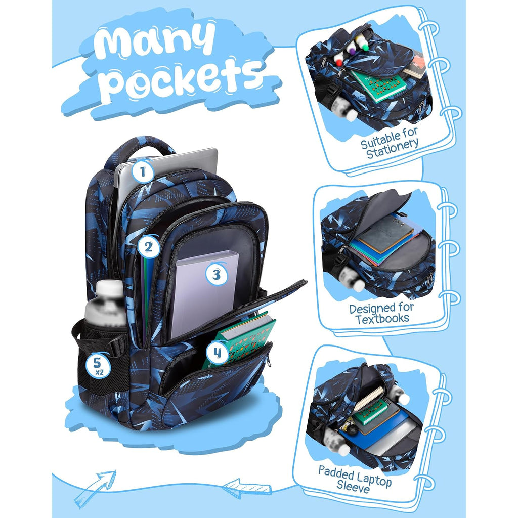 Kids School Backpack For Boys Girls Ages 6-8 8-10 10-12 Elementary Middle School Book Bags With Laptop Compartment Mochilas Escolares Para Niños Niñas De 8 10 12 Años (Blue, Geometric)