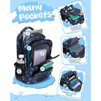Kids School Backpack For Boys Girls Ages 6-8 8-10 10-12 Elementary Middle School Book Bags With Laptop Compartment Mochilas Escolares Para Niños Niñas De 8 10 12 Años (Blue, Geometric)