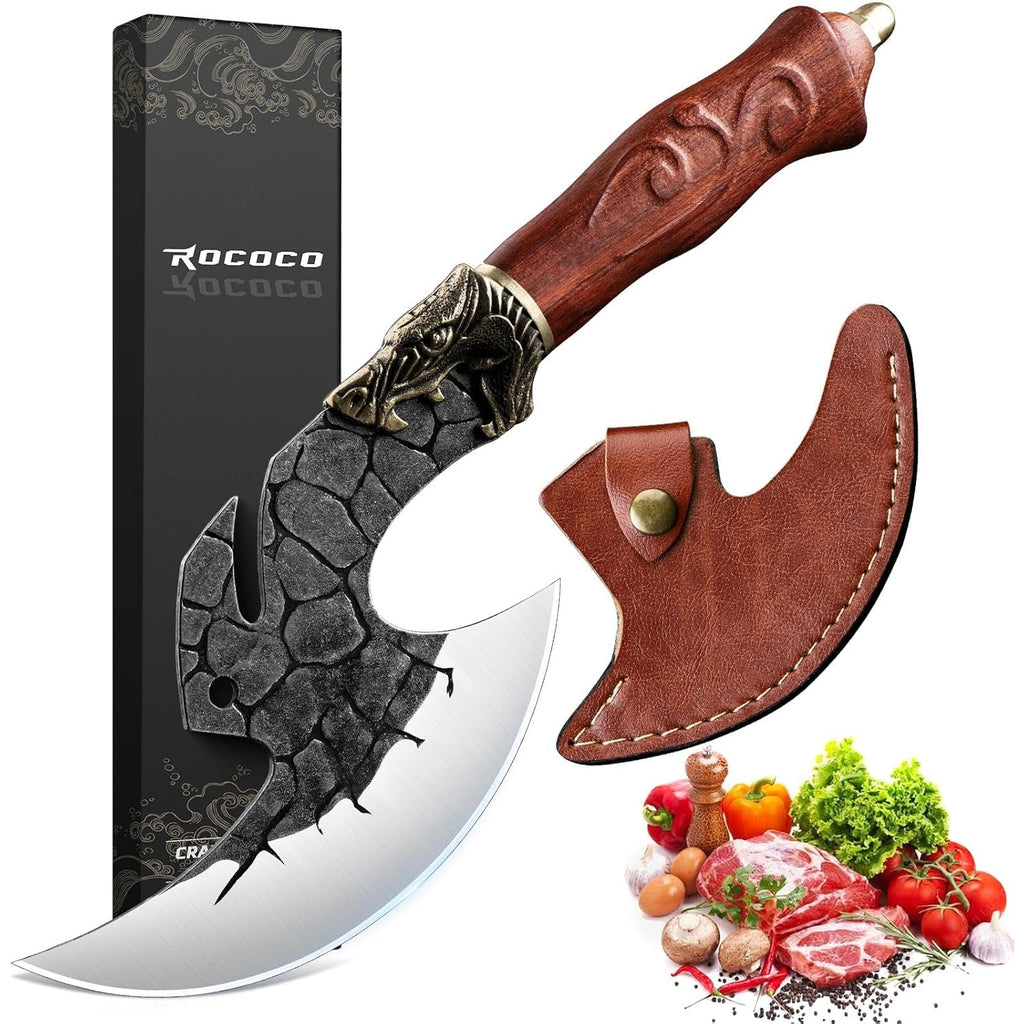 ROCOCO Viking Cleaver Knife Birthday - Butcher Meat Cutting Boning Knife Hand Forged Chinese Kitchen Axe with Sheath Home Outdoor BBQ Camping Chirstmas Mother Father Gift Men