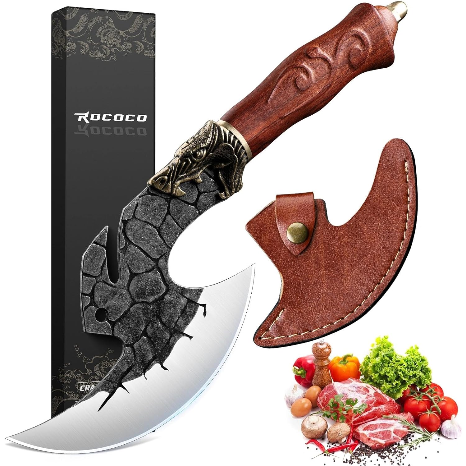 ROCOCO Viking Cleaver Knife Birthday - Butcher Meat Cutting Boning Knife Hand Forged Chinese Kitchen Axe with Sheath Home Outdoor BBQ Camping Chirstmas Mother Father Gift Men
