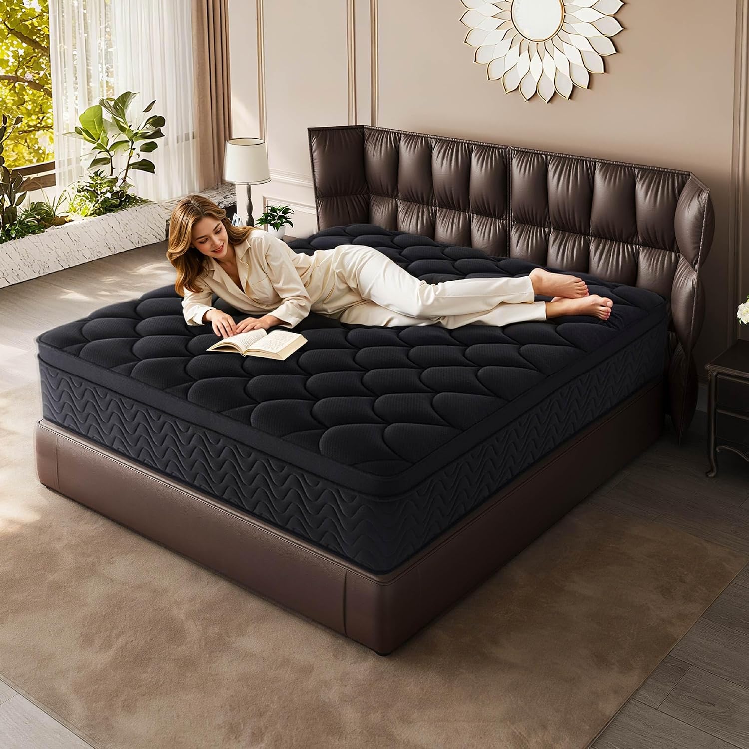 Premium 12 Inch King Mattress - Black Diamond Quilted, Individual Pocket Spring & Memory Foam Top, Cooling & Pressure Relief, Bed In A Box
