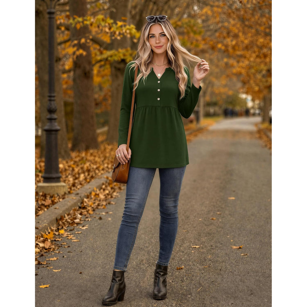 Zeagoo Women Blouses Long Sleeve Shirts Boho Henley V Neck Tops Business Casual Loose Pleated Fashion Clothing