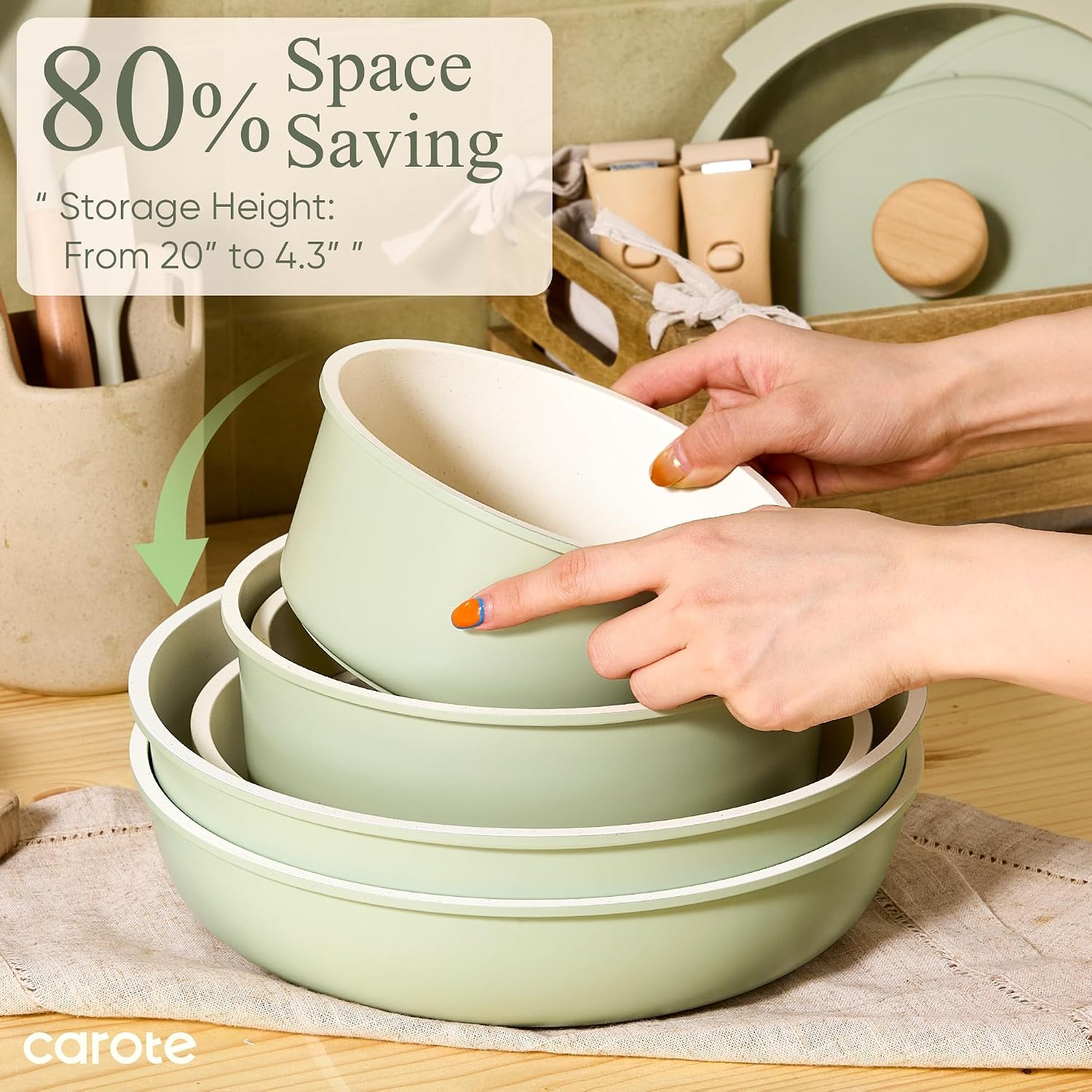 Carote Pots And Pans Set, Nonstick Cookware Set Detachable Handle, 19Pcs Induction Kitchen Cookware Sets Non Stick With Removable Handle, Rv Cookware Set, Oven Safe, Sage Green