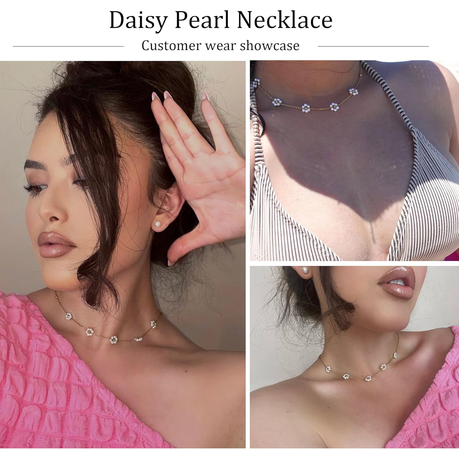 SmileBelle Pearl Necklaces, Daisy Pearls Choker for Women's Pearl Strand Necklaces as Silver and Gold Choker for Teens, Silver Daisy Birthday Gifts 3 Pearls White Necklace as Prom Bridesmaid gifts