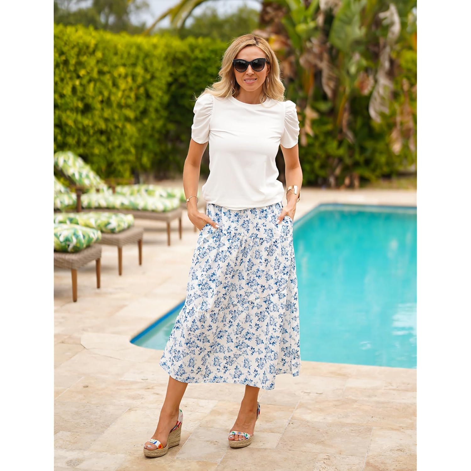 Blouse for Women Dressy Casual Puff Short Sleeve Boho Tops Fashion Floral Crew Neck Tunic Shirts Summer Clothes
