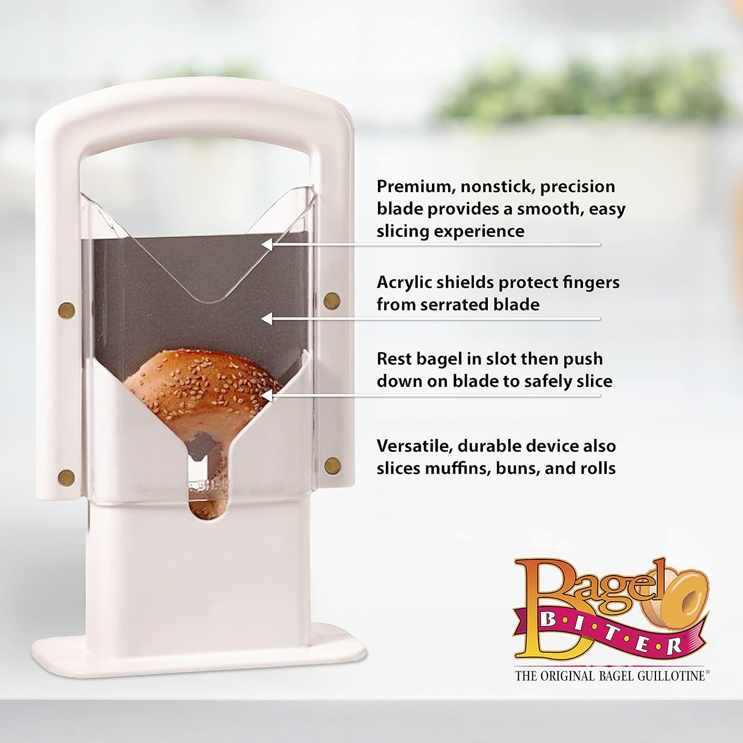 Hoan Bagel Biter Slicer and Cutter with Safety Shield - Serrated Blade Cuts Bagels, Muffins, Buns and Rolls - Dishwasher Safe Bagel Guillotine, 9.25 Inches Tall, White