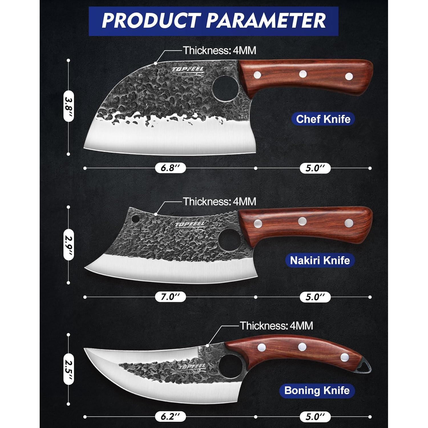 Topfeel 3PCS Butcher Knife Set, Hand Forged Serbian Chef Knives & Meat Cleaver & Viking Knives, Meat Cutting Kitchen Knife Set for Home, Outdoor Cooking, Camping BBQ Gift Idea Men