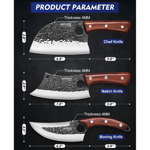 3Pcs Butcher Knife Set, Hand Forged Serbian Chef Knives & Meat Cleaver & Viking Knives, Meat Cutting Kitchen Knife Set For Home, Outdoor Cooking, Camping Bbq Gift Idea Men